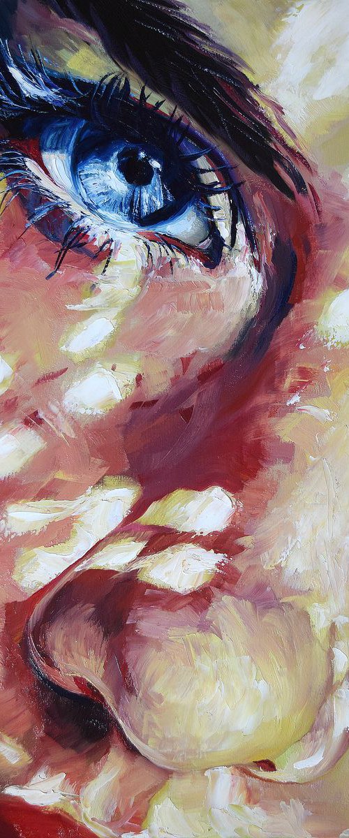 "Love me" 60 x 40 cm, impasto painting,Ready to Hang/ girl, woman , face, impressionism , realism, gift idea, commission portrait , blue eye, portrait by Elena Adele Dmitrenko