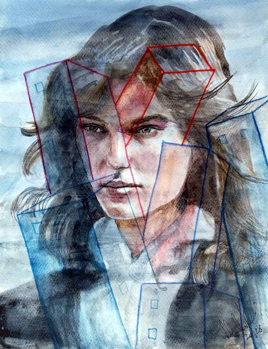 Illustrative Portrait Drawing By Paolo Beneforti, 7 X 9", Floating Buildings, Original Artwork