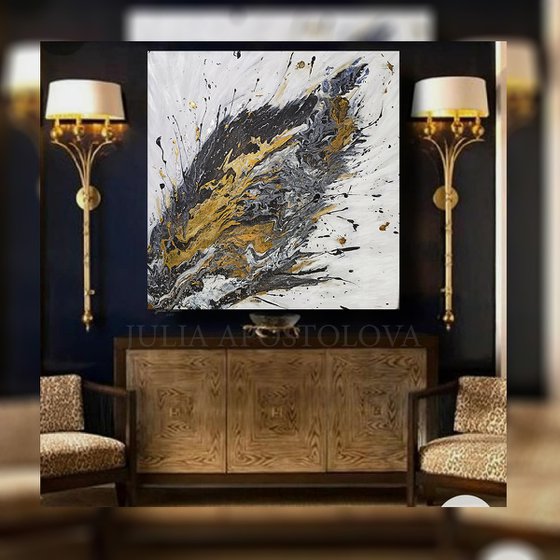 Black and White Original Abstract Painting with Gold Leaf, Silver Leaf and Metallic Accents for Modern Contemporary Home or Office Decor by Julia Apostolova