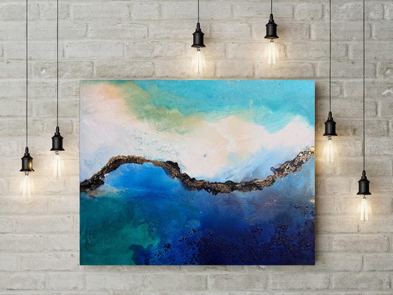 Seascape ocean waves blue turquoise teal with gold fluid painting "Waves of love"