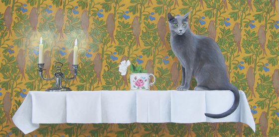 Tromp L'oeil of a grey cat.