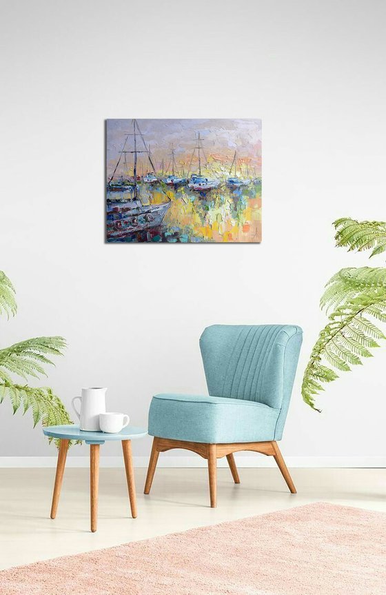 Quiet harbor at sunset