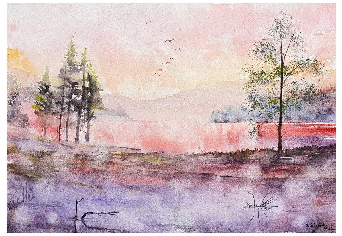Impressionistic Landscape Watercolour By Yulia Schuster, 17 X 12", Feel The Wind, Original Artwork