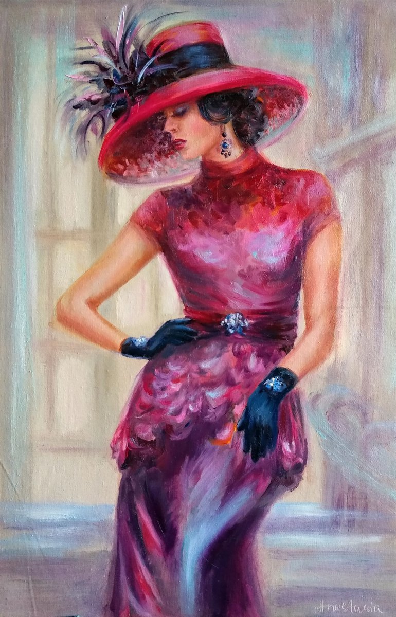 Elegant Woman Portrait Classic Fashion Lady in Hat Ready to Hang Art by Anastasia Art Line