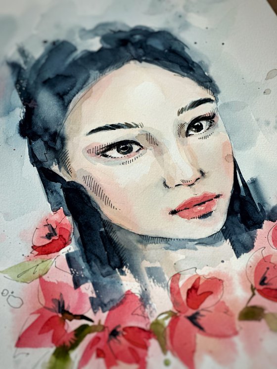 Asian woman with poppies