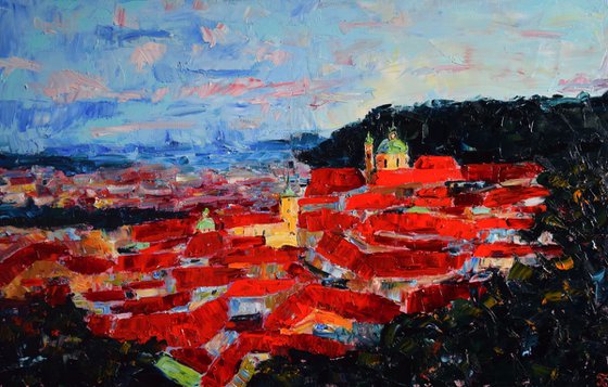 Prague Original Palette Knife Oil Painting, Large Artwork, Red Roofs Art, Europe Wall Art