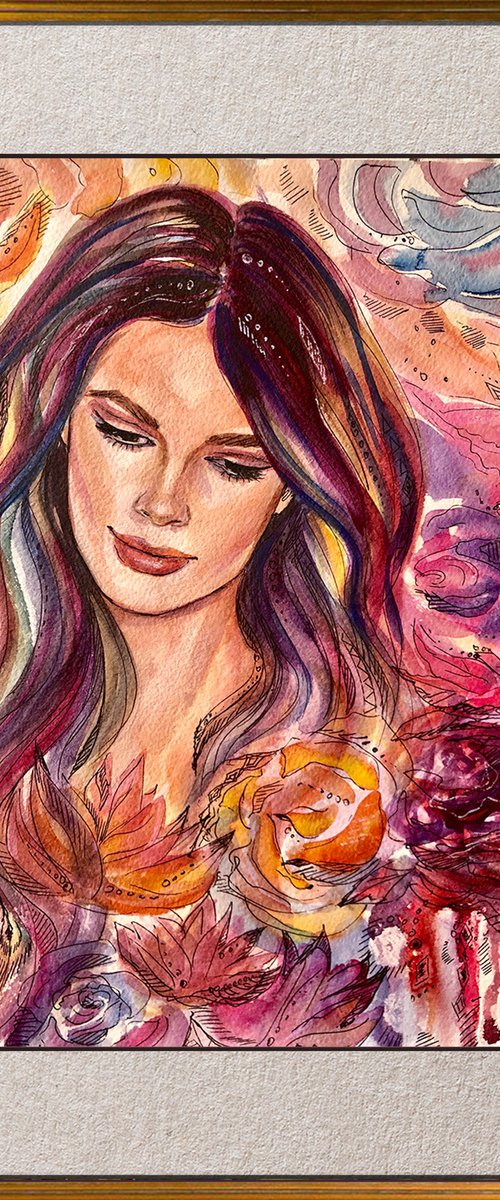 FLOWER MEDLEY, original portrait of a young woman in watercolor with abstract background by Nastia Fortune