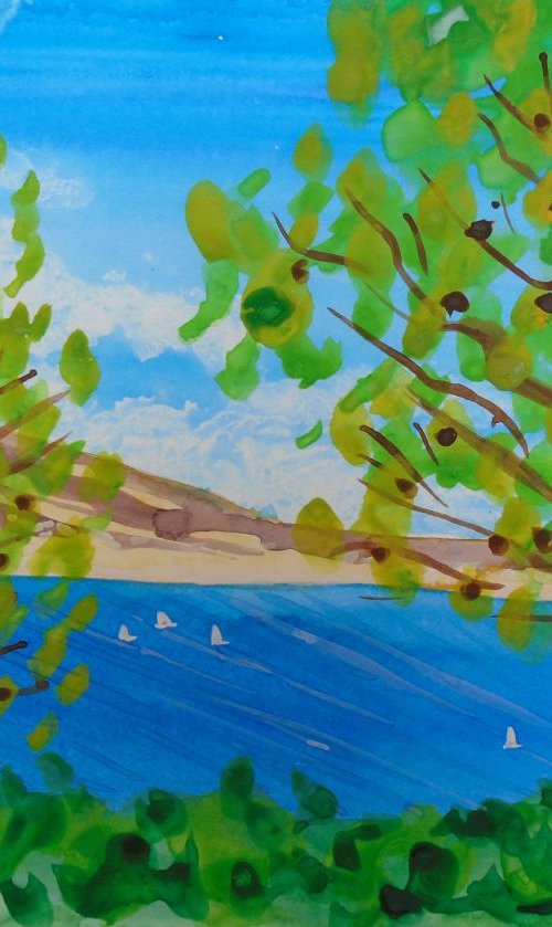 Pine trees with boats on the Mediterranean by Kirsty Wain