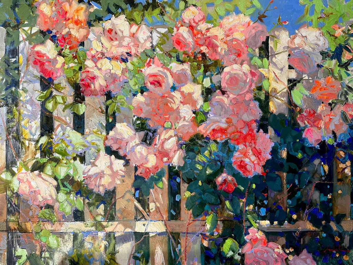 Impressionistic Botanical Oil Painting By Khanlar Asadullayev, 47 X 35", Rose Garden, Original Artwork