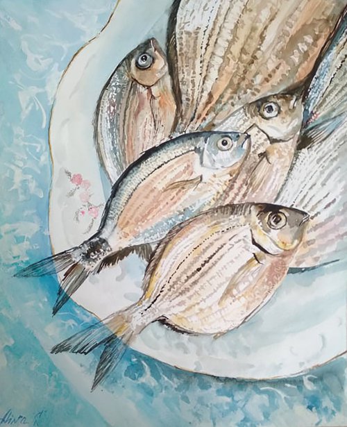 Original watercolor hand painting still life Fishes by Alina Shmygol