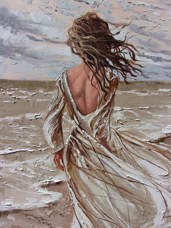" WALKING ON THE BEACH ... "  SUN SKY SEA SAND liGHt  ORIGINAL OIL PAINTING, GIFT, PALETTE KNIFE