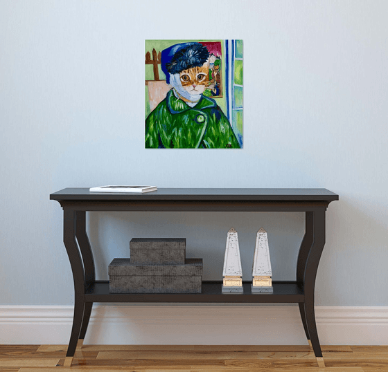 Confused Cat La Van Gogh.  Version of famous self portrait of  Vincent Van Gogh missing ear