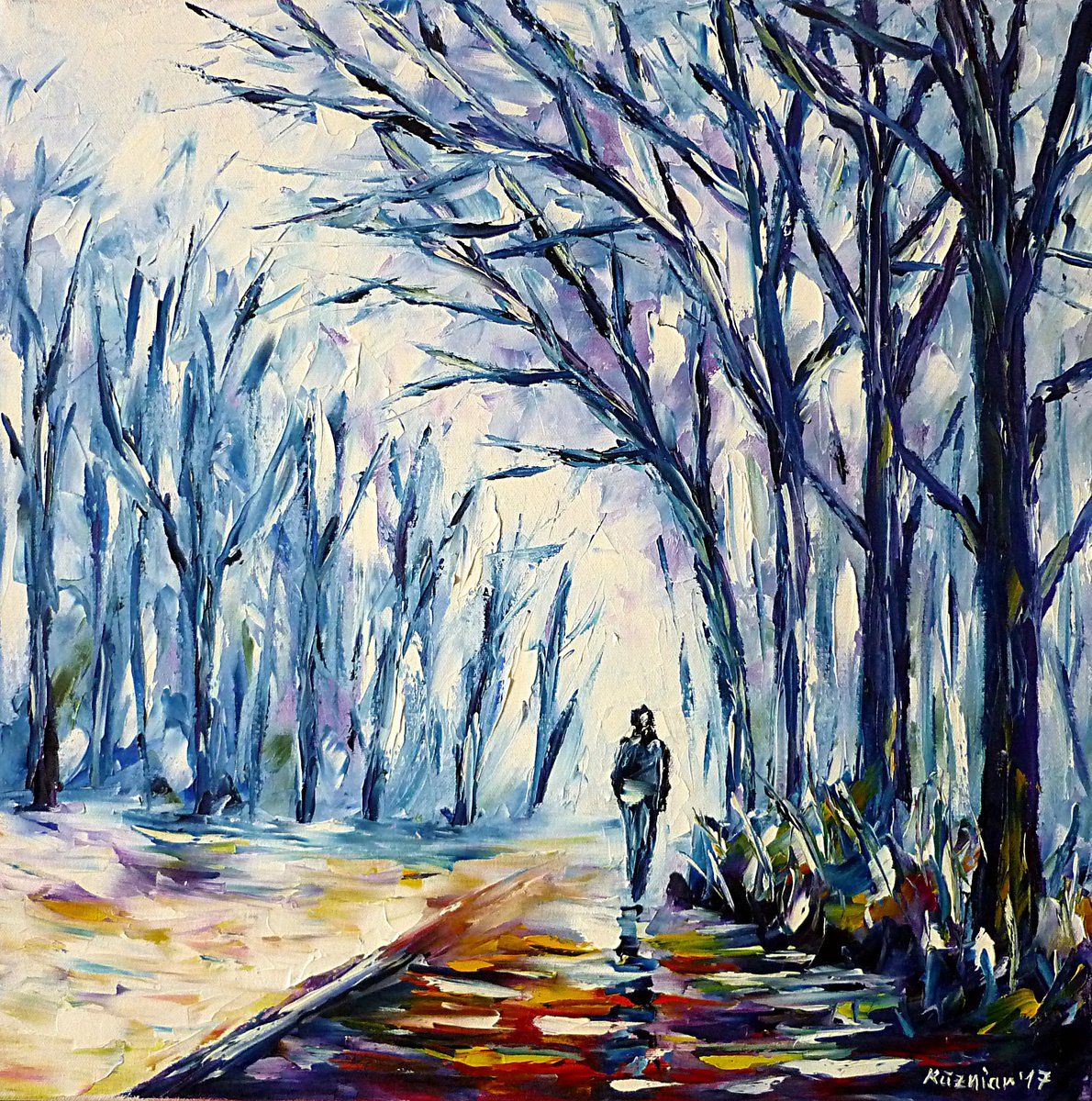 Expressive Landscape Oil Painting By Mirek Kuzniar, 20 X 20", Man In Winter Fog, Original Artwork