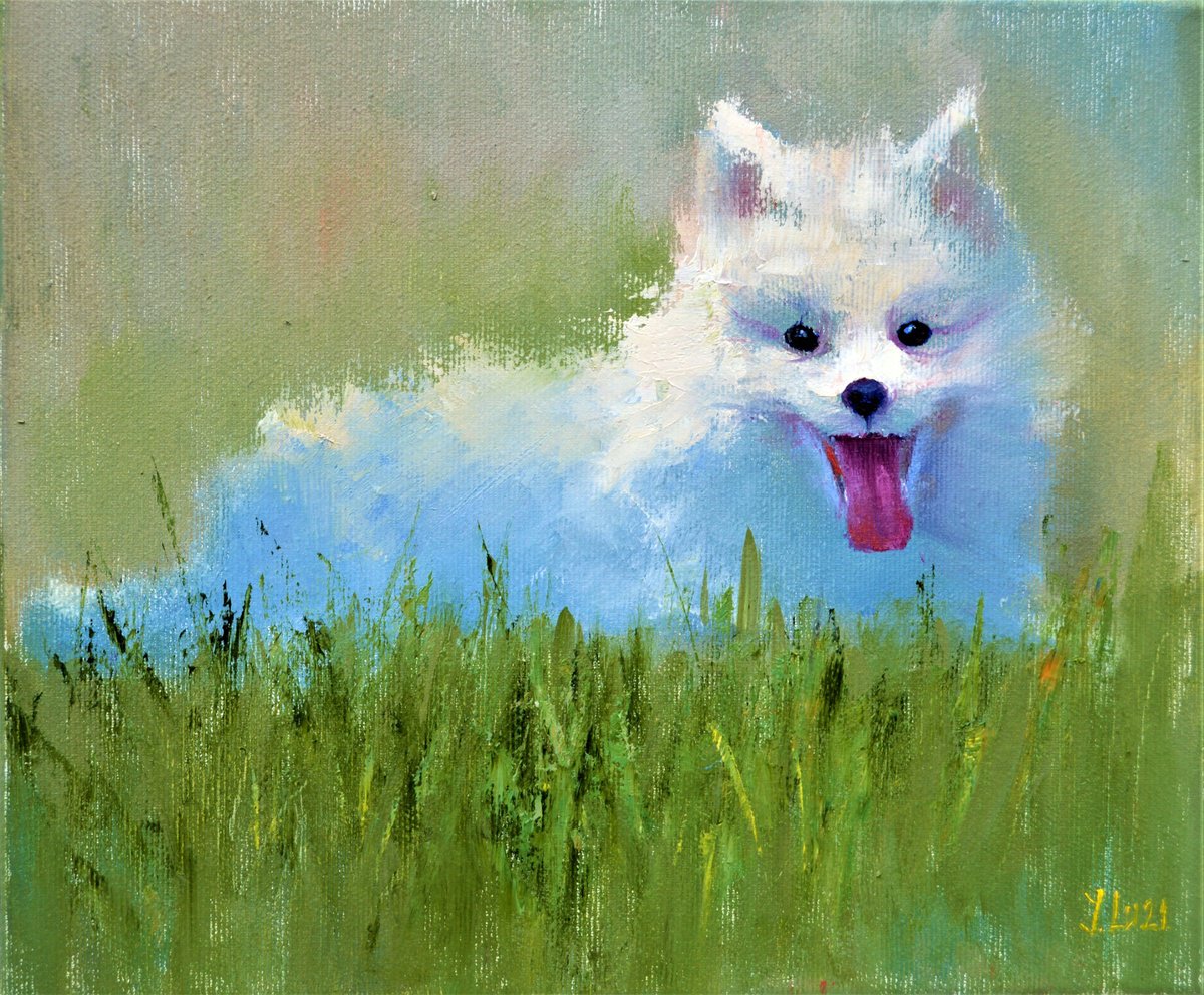 Impressionistic Animal Oil Painting By Elena Lukina, 12 X 10, Japanese Spitz Puppy, Original Artwork