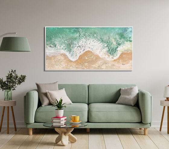 Waves - Sea Canvas Impasto Abstract Painting, Blue Green Sea Landscape, Living Room Art, Minimalist Art, Wall Art Decor