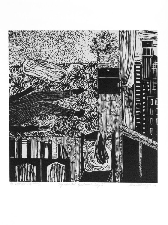My New York Apartment: Day 1 (black and white variation) (12"x12")