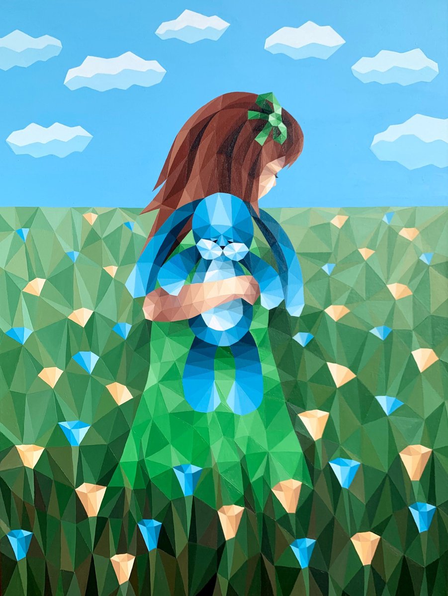 Girl In A Flower Field With A Blue Rabbit By Maria Tuzhilkina, 24 X 31, Artwork For Sale On Artfinder