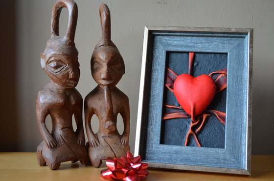 Lovers Heart 6 - Original Framed Leather Sculpture Painting Perfect for Valentine Day Gift