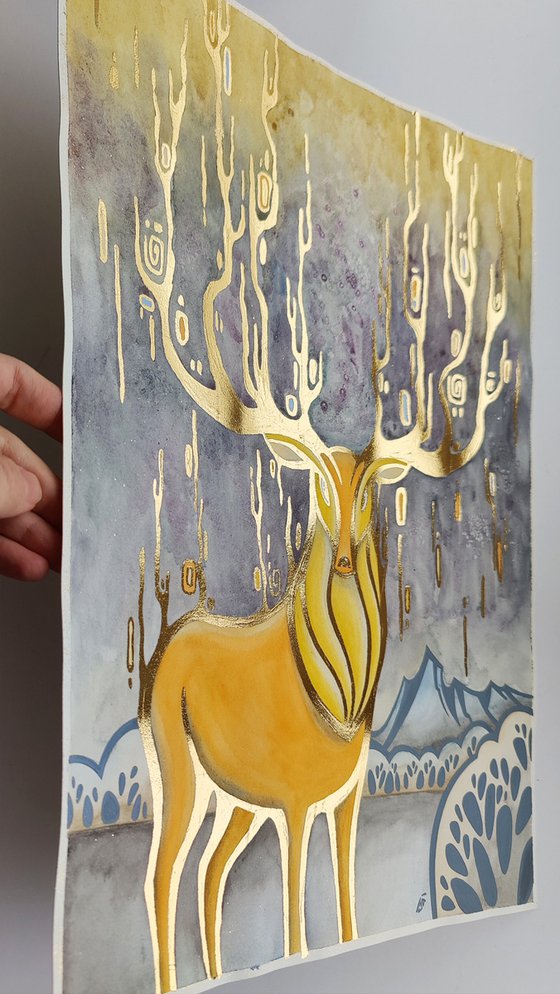 Golden deer, yellow deer on gray backgraund, gold leaf