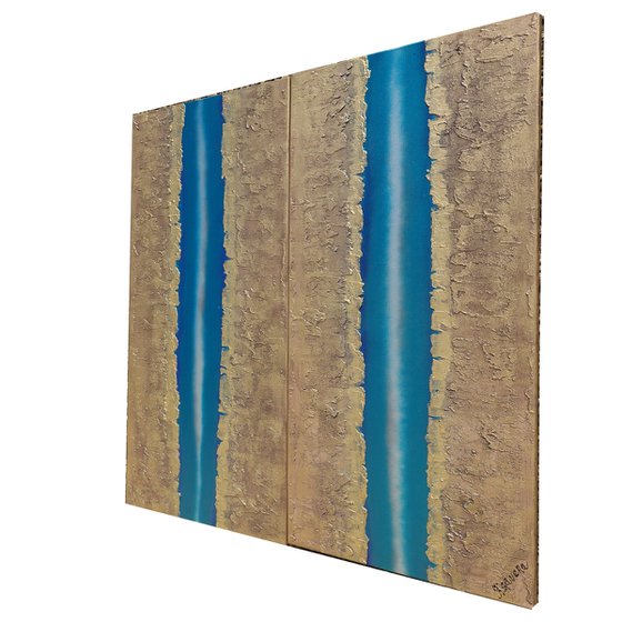 blue stripe & gold long painting A938 50x200x2 cm decor Vertical original abstract art Large paintings stretched canvas acrylic art industrial metallic textured wall art by artist Ksavera