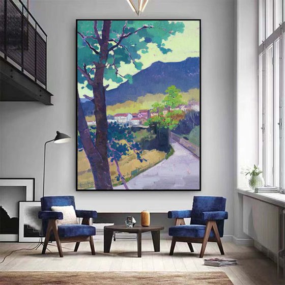 Landscape oil painting:Big trees in front the village 108