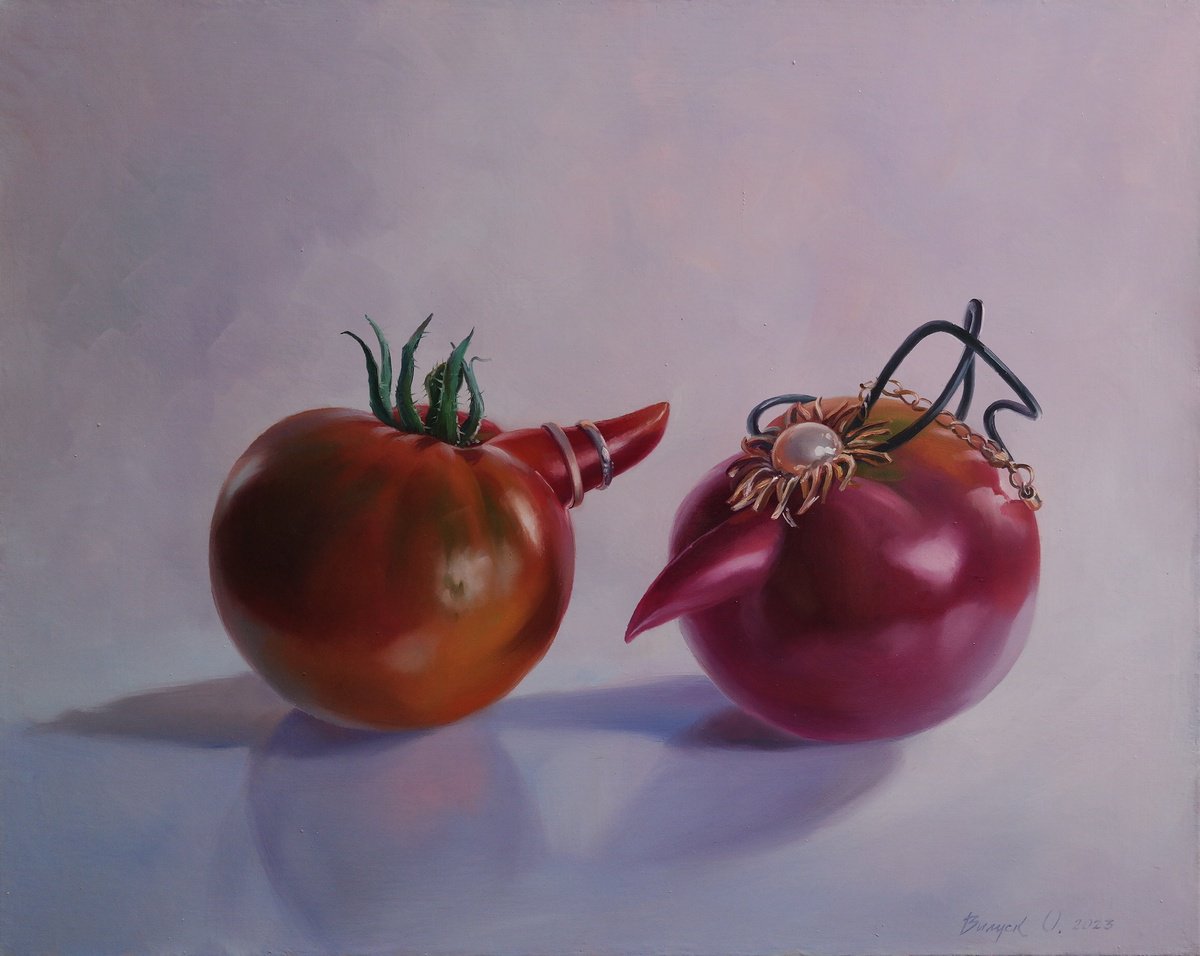 Surrealistic Still Life Oil Painting By Lena Vylusk, 20 X 16", "Together", Original Artwork