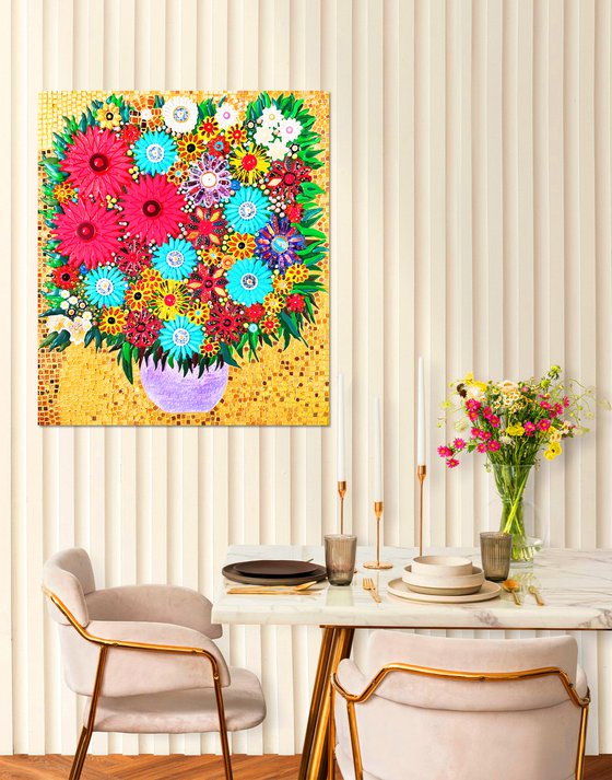 Natural stones wall sculpture Flowers in vase, colorful still life mosaic