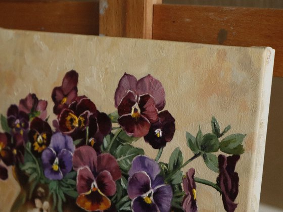 Pansies in Rustic Jug with Cherries