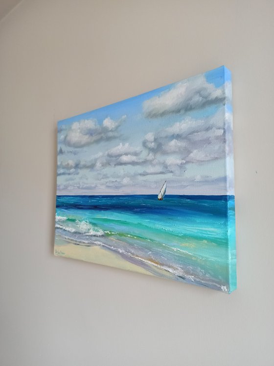 Sailboats oil painting blue ocean landscape wall decor 12x16"