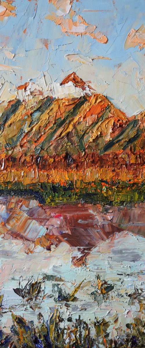 Original palette knife oil painting Sunset mountains in Alaska by Kate Grishakova