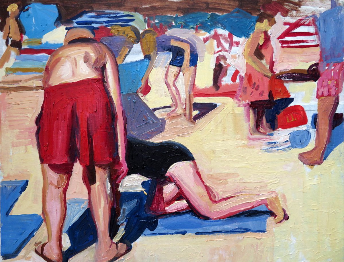 Impressionistic Portrait Oil Painting By Stephen Abela, 20 X 16", Beach Scene -Mallorca -Man Bending Down, Original Artwork