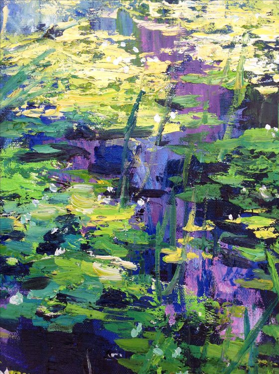 Abstract water lilies pond violet clouds oil painting landscape river sunlight
