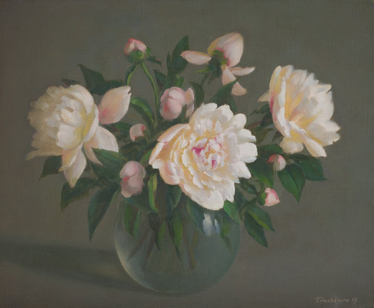 Photorealistic Still Life Oil Painting By Irina Trushkova, 18 X 15, White Peonies, Original Artwork