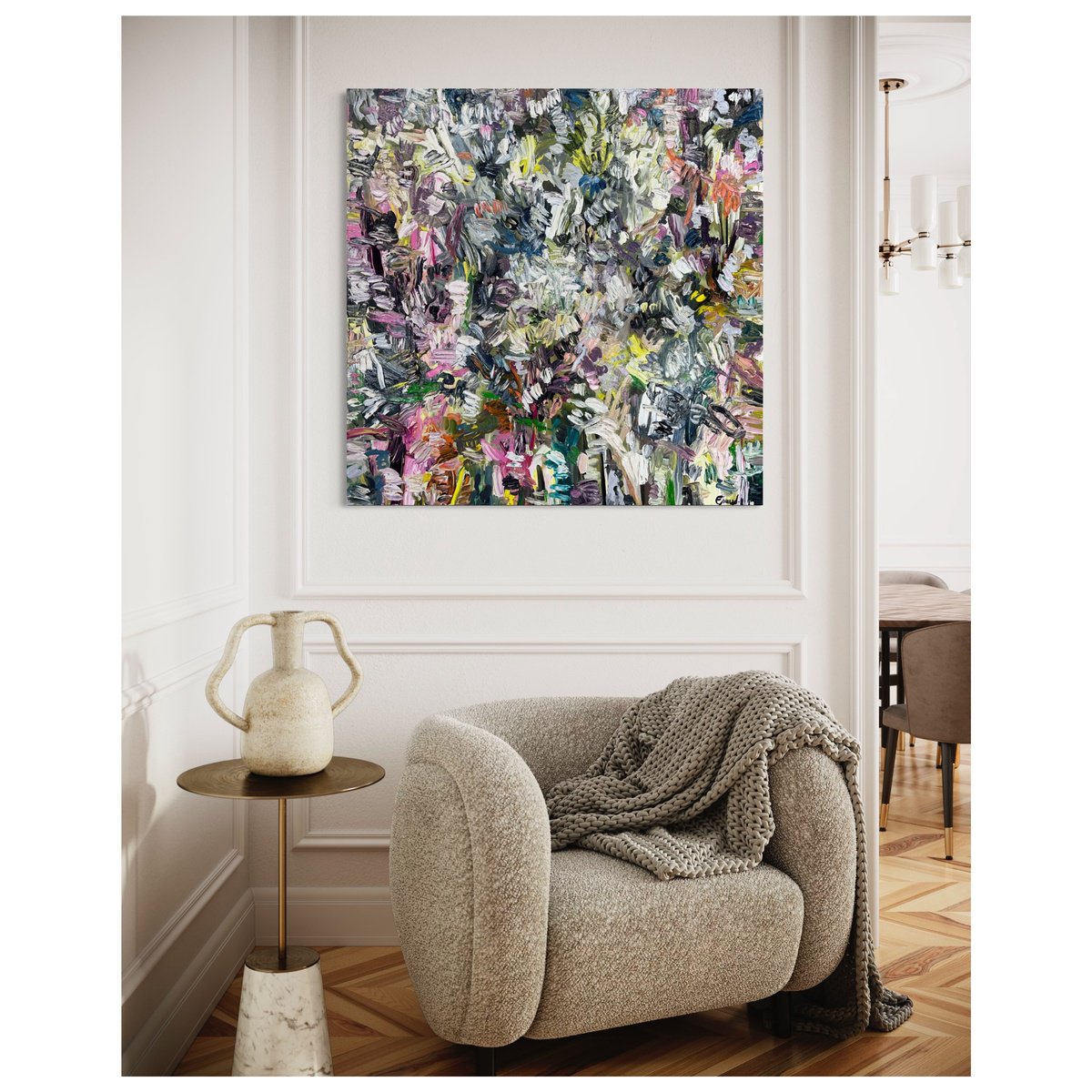 Expressive Abstract Oil Painting By Maria Esmar, 39 X 39", Colourful Chaos, Original Artwork