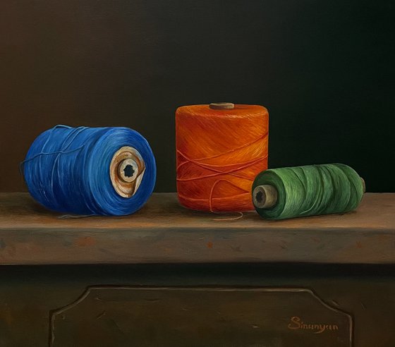 Cotton bobbins (34x37cm, oil on canvas, framed)