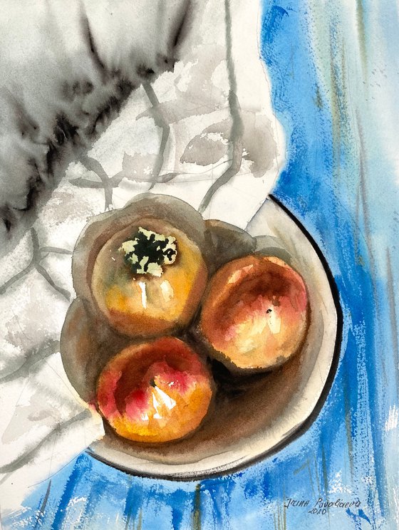 Still life with Persimmon original watercolor 27,5x 37  cm,  art decor, gift idea, decor for kitchen