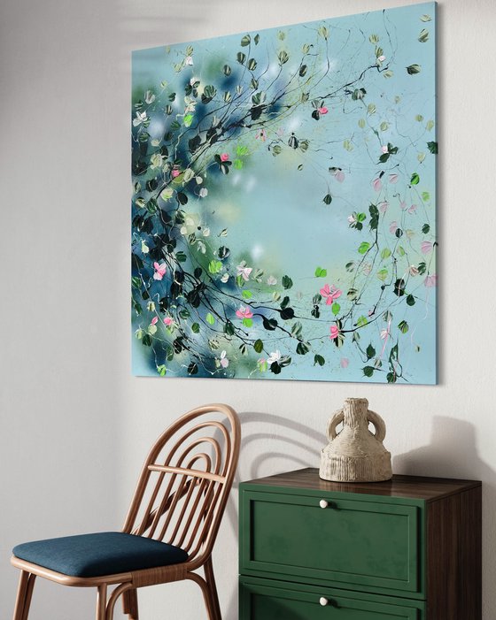 Square acrylic painting "Quiet Garden III” floral colorful art