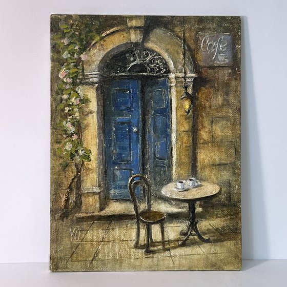 Old Blue Door of a Cozy Café