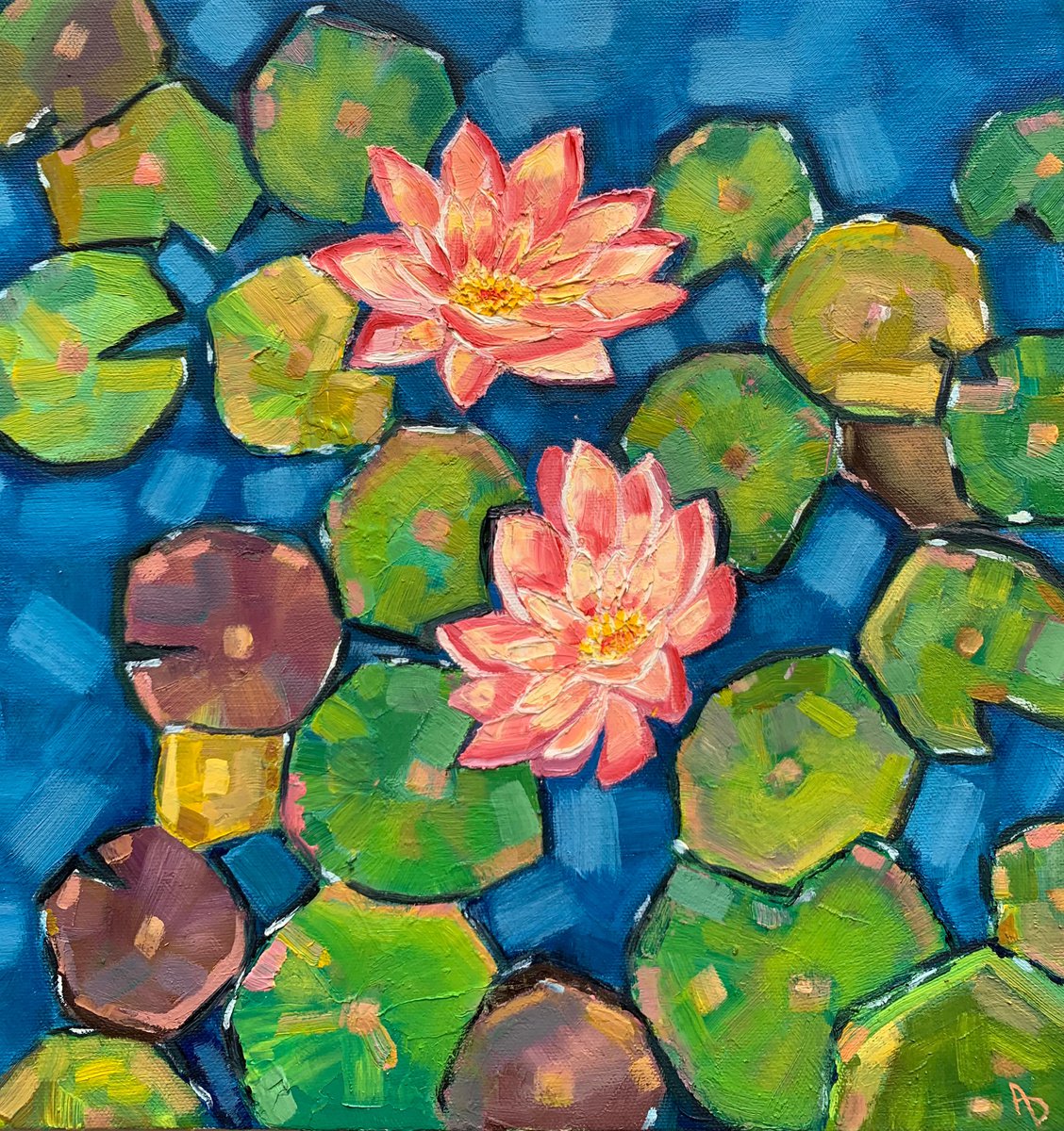 Expressive Landscape Oil Painting By Amita Dand, 12 X 12, 2 Water Lilies, Original Artwork