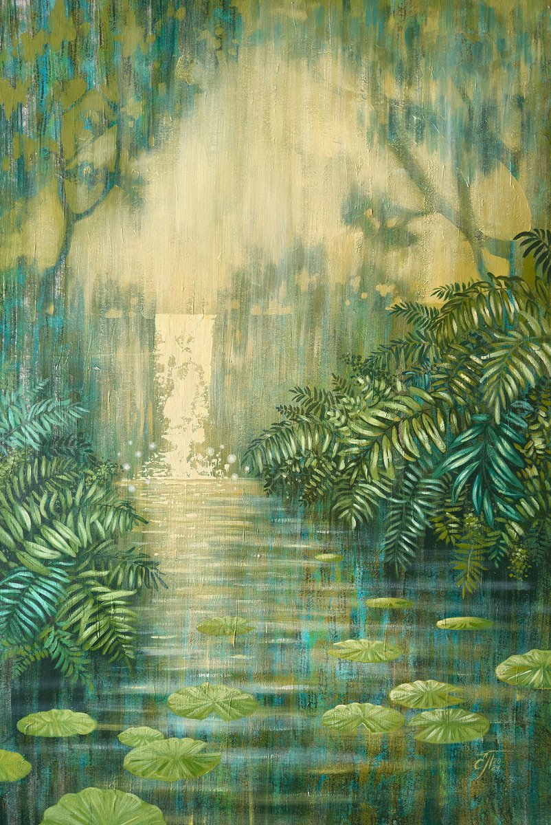 Illustrative Landscape Acrylic Painting By Ekaterina Prisich, 35 X 55, Waterfall Among Green Ferns, Original Artwork