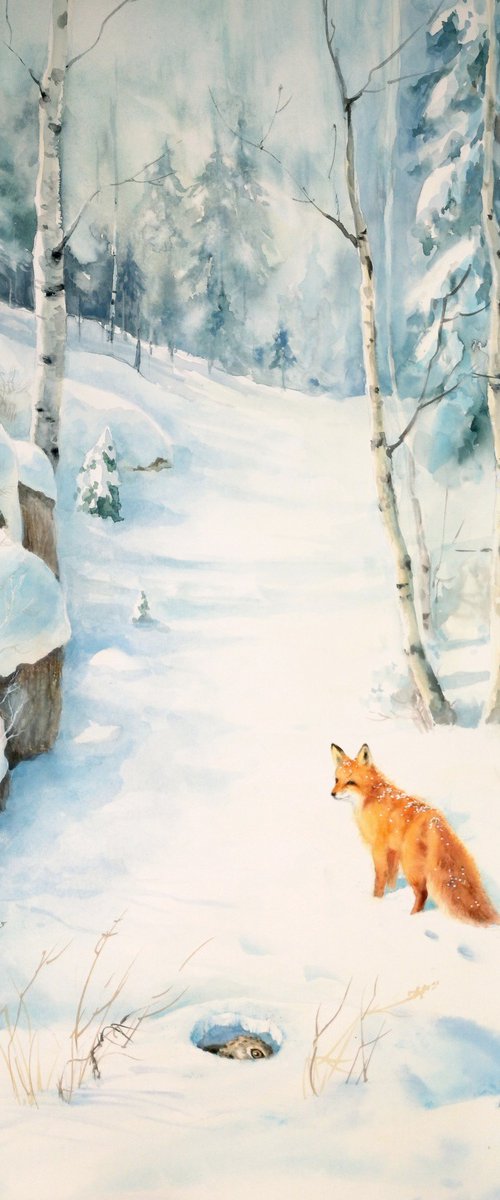 Hidden in Plain Sight Fox in Winter Forest by Olga Beliaeva Watercolour