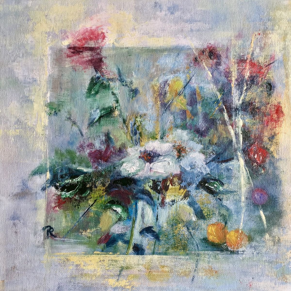 Expressive Still Life Oil Painting By Rebecca Pells, 10 X 10", Untitled - With Flowers, Original Artwork