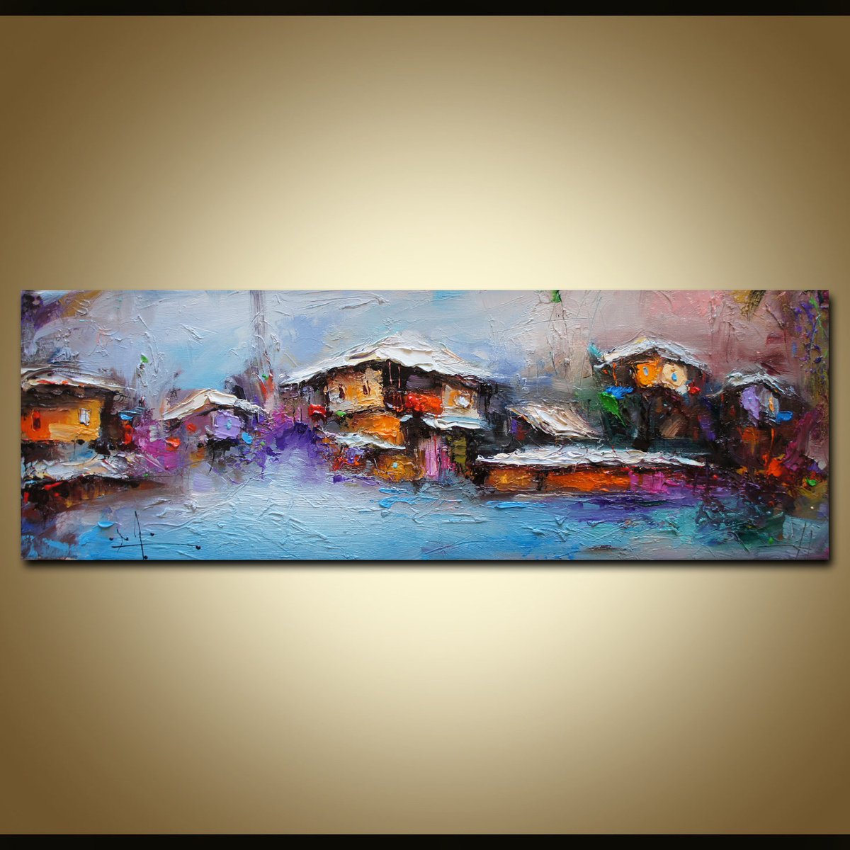 Expressive Landscape Oil Painting By Stanislav Lazarov, 24 X 8", Winter Time, Original Artwork