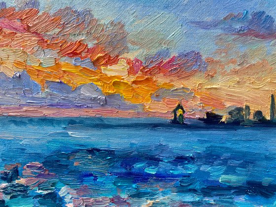 "Sunset in Sochi", 18*24cm, impressionistic oil mountains landscape etude painting