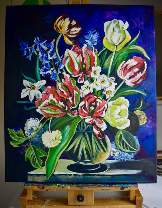 Bouquet of flowers.  Tulips, daffodils, bells in a vase.