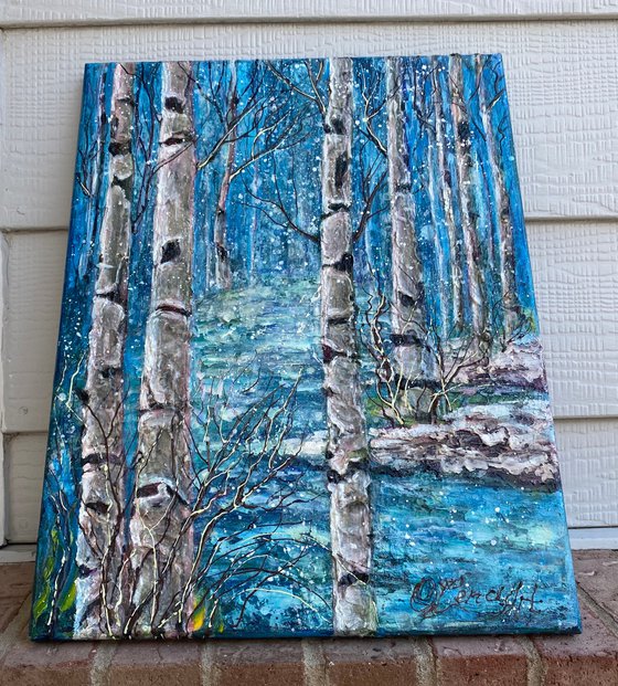 Winter Birch Trees -  Monochrome  in Blue Impasto Original Painting  (palette knife)