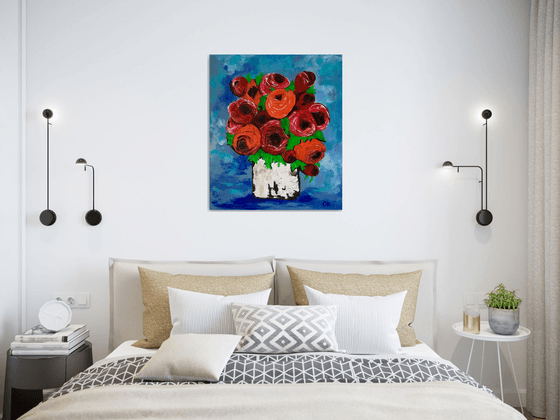 BOUQUET OF Red  Roses textured acrylic painting, palette knife artwork