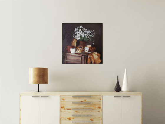 Rural still life, Pastries and White flowers