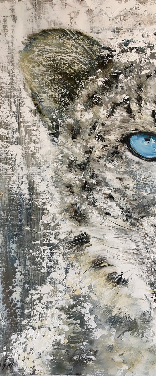 THE SNOW KING - Animalistic abstraction. Gorgeous snow leopard. Endangered species from the Red Book. Lxurious predator. Big wild cat. Irbis. Expressive eyes. Fauna. Sight. Wool. by Marina Skromova