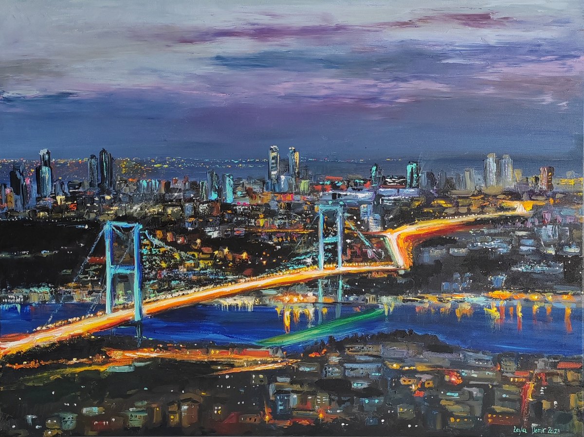 Impressionistic Cityscapes Oil Painting By Leyla Demir, 31 X 24", Istanbul At Night, Original Artwork